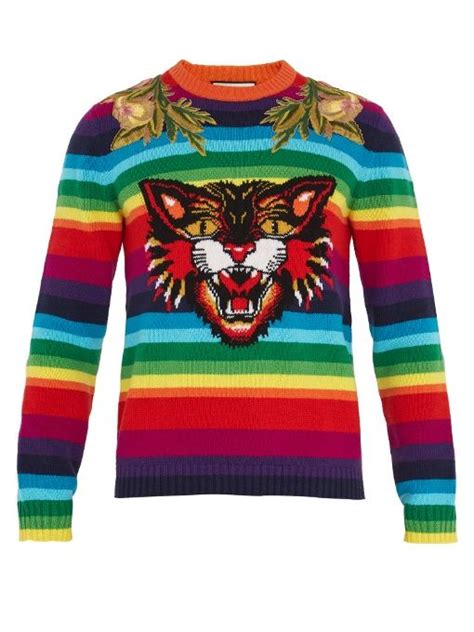 womens gucci striped wool intarsia sweater|Striped Wool Intarsia Sweater With Appliqués In Multicolour.